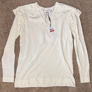 Calvin Klein Ivory V-Neck Ruffle Shoulder Knit Top